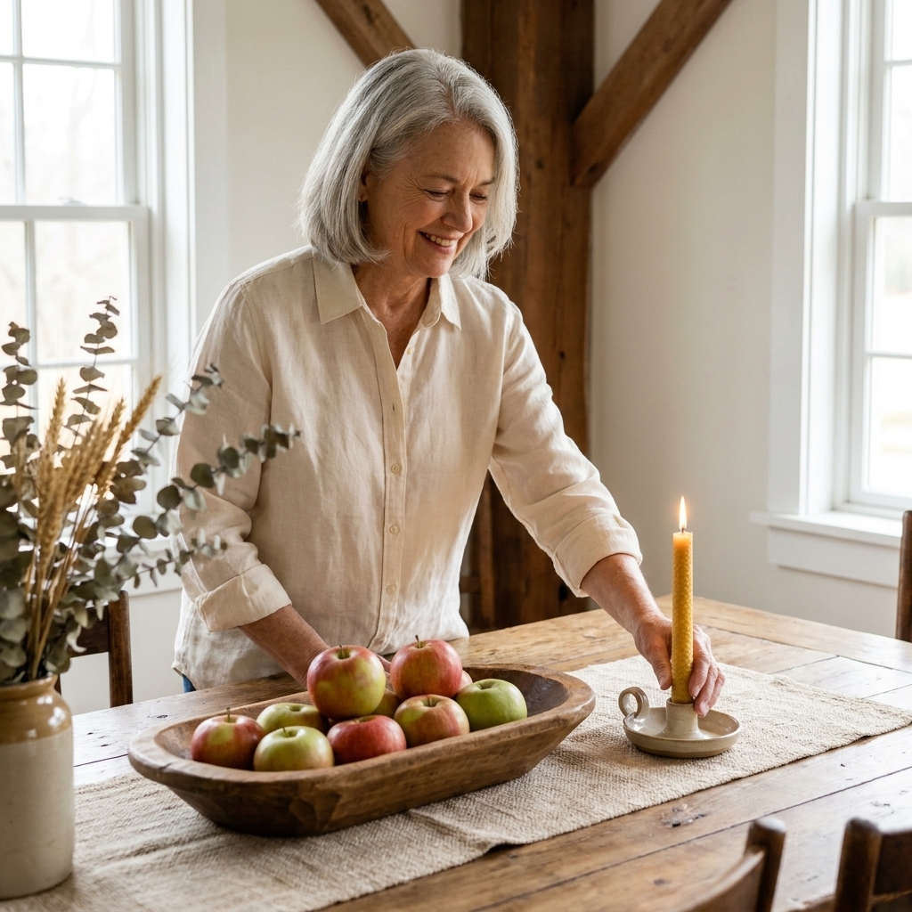 A rustic wooden dough bowl filled with fresh apples on a dining table, with a linen runner and a simple candle nearby