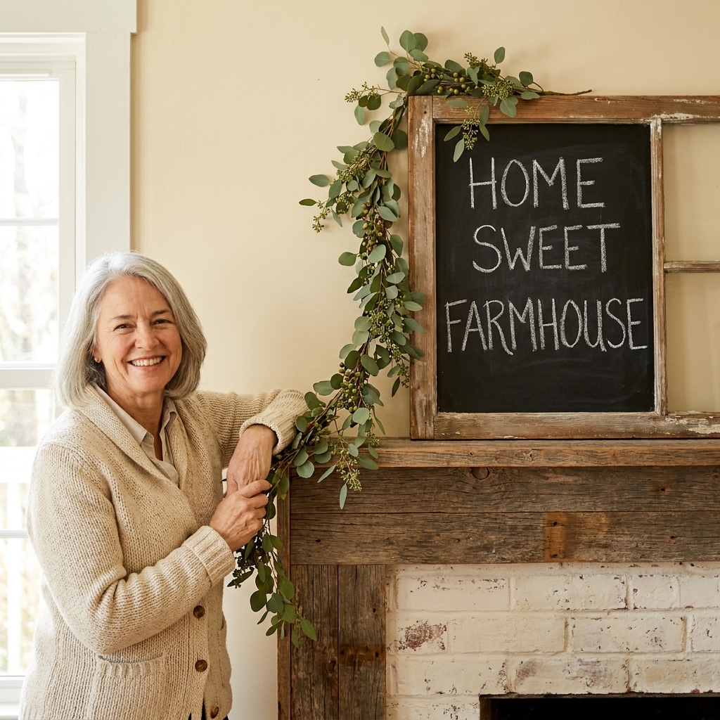 A rustic wooden window frame converted into a chalkboard sign, leaning on a mantel with simple greenery nearby