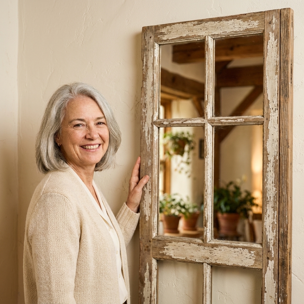 A salvaged wooden window frame repurposed as a wall mirror with the original muntins creating a paneled mirror look