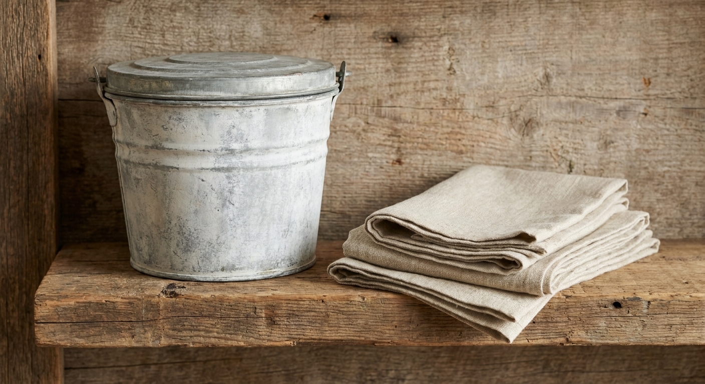 A sealed vintage galvanized bucket with soft patina styled on a rustic wooden shelf with folded linen towels