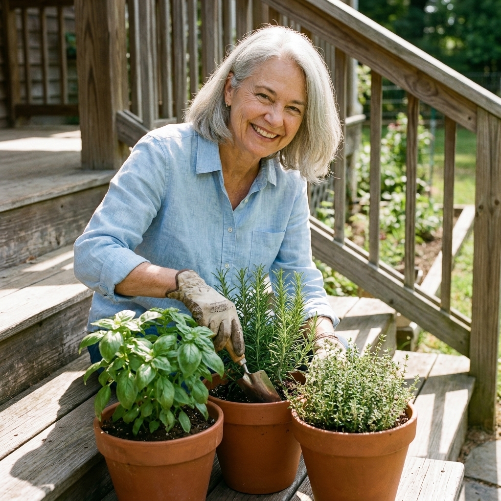 A set of terra-cotta pots filled with basil, rosemary, and thyme arranged on farmhouse porch steps in bright summer light