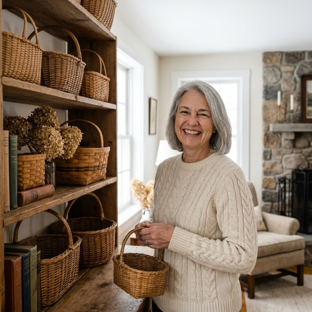 A set of vintage wicker baskets styled on rustic wood shelves in a cozy cottage living room