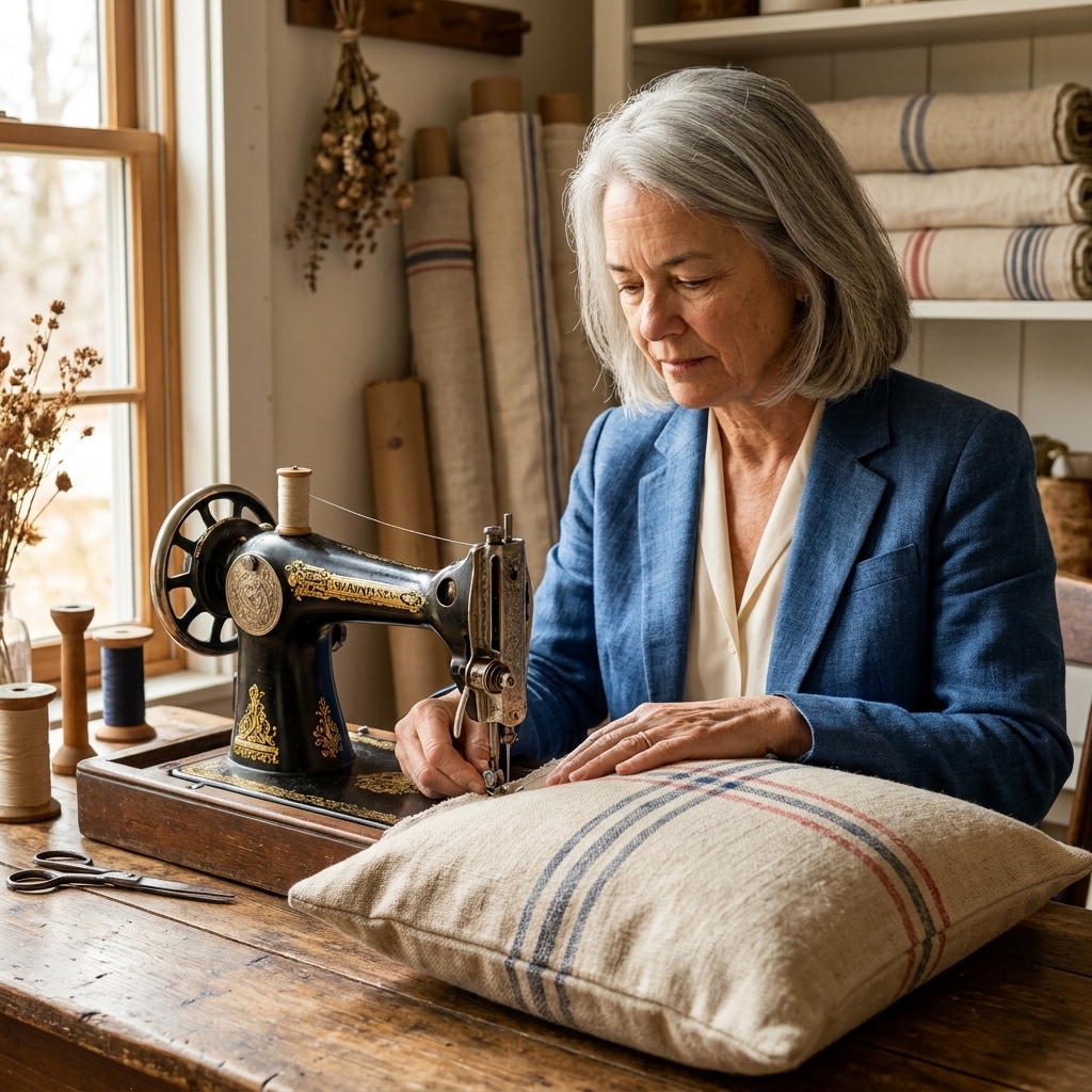 A sewing machine stitching along the edge of a thick canvas pillow cover with painted grain sack stripes