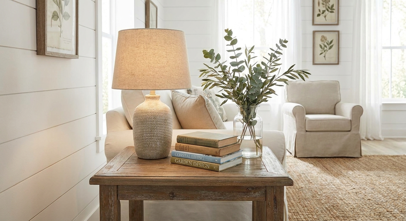 A side table with a linen-shaded lamp, a small stack of books, and a glass vase of greenery in a bright farmhouse living room