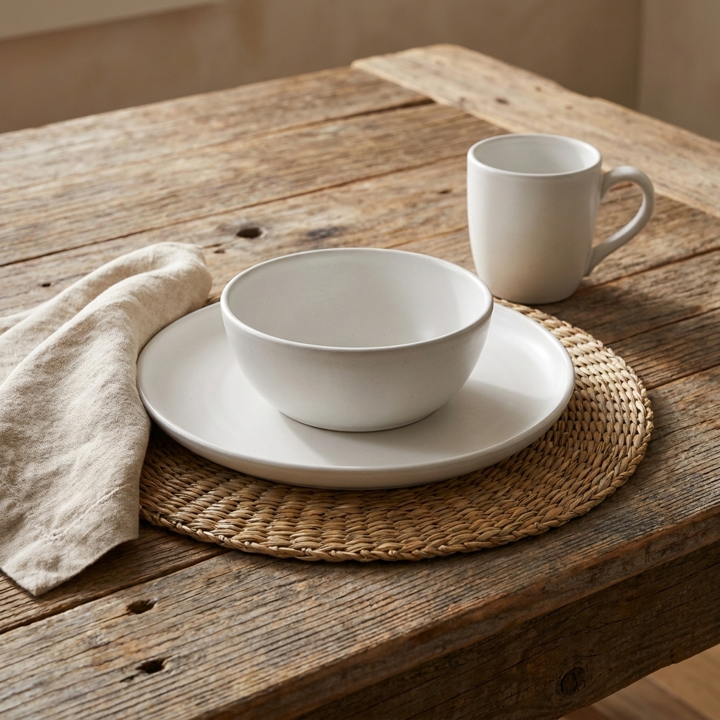 A simple white stoneware place setting with a linen napkin on a woven charger, styled on a reclaimed wood table