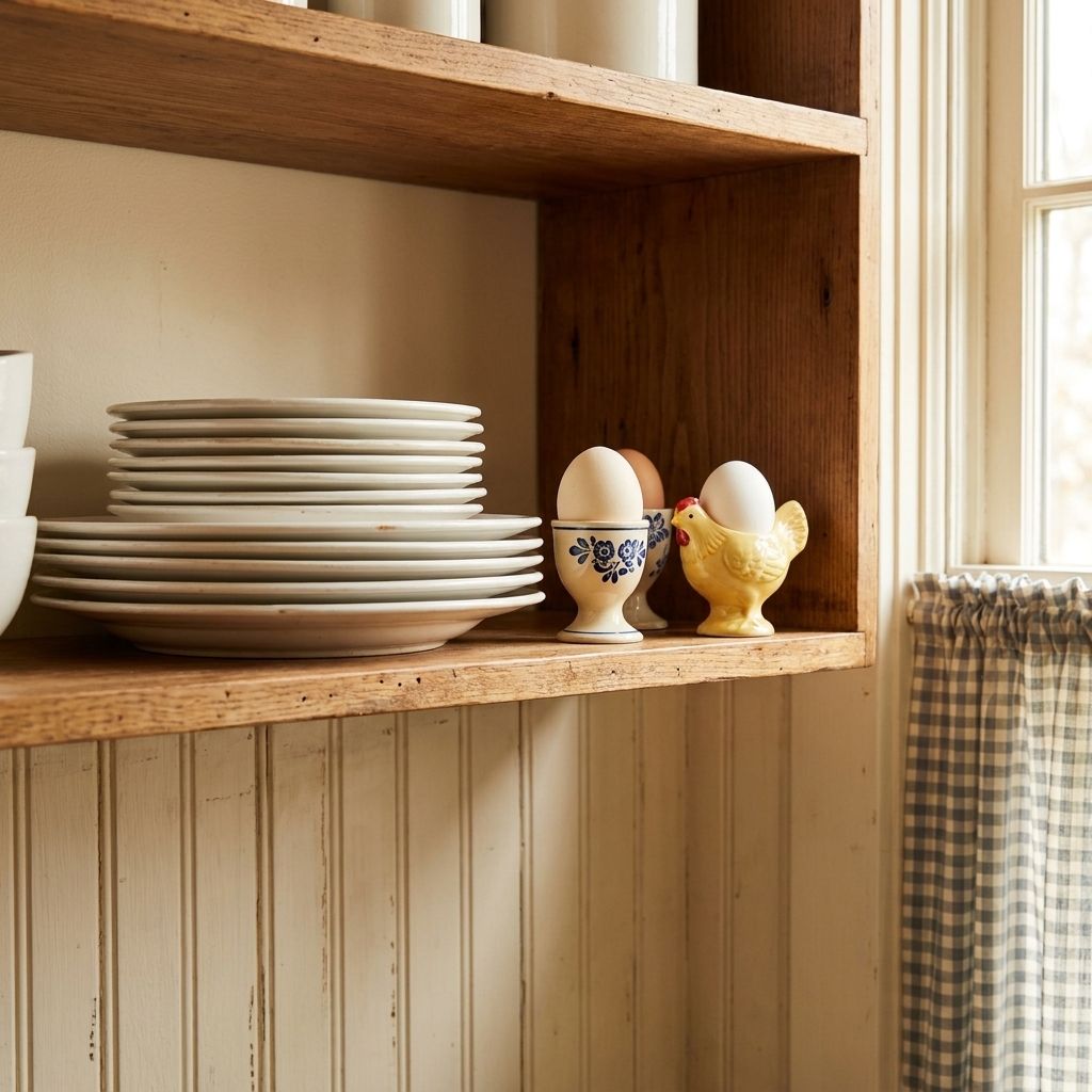 A single open kitchen shelf with stacked white ironstone plates and two mismatched vintage egg cups each holding an egg, styled in a warm cottage kitchen