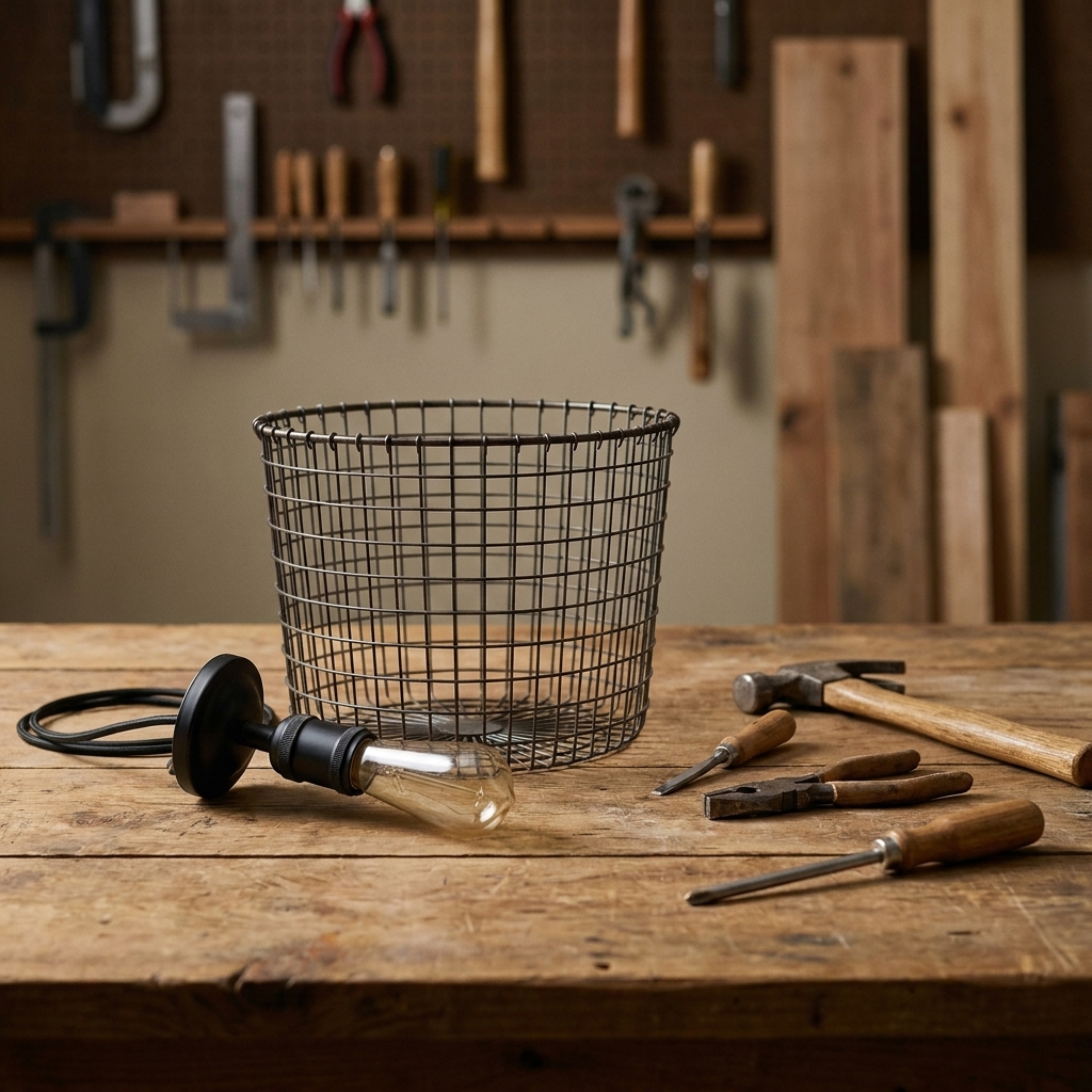 A single round metal wire storage basket sitting on a wooden workbench next to a pendant light kit and basic hand tools