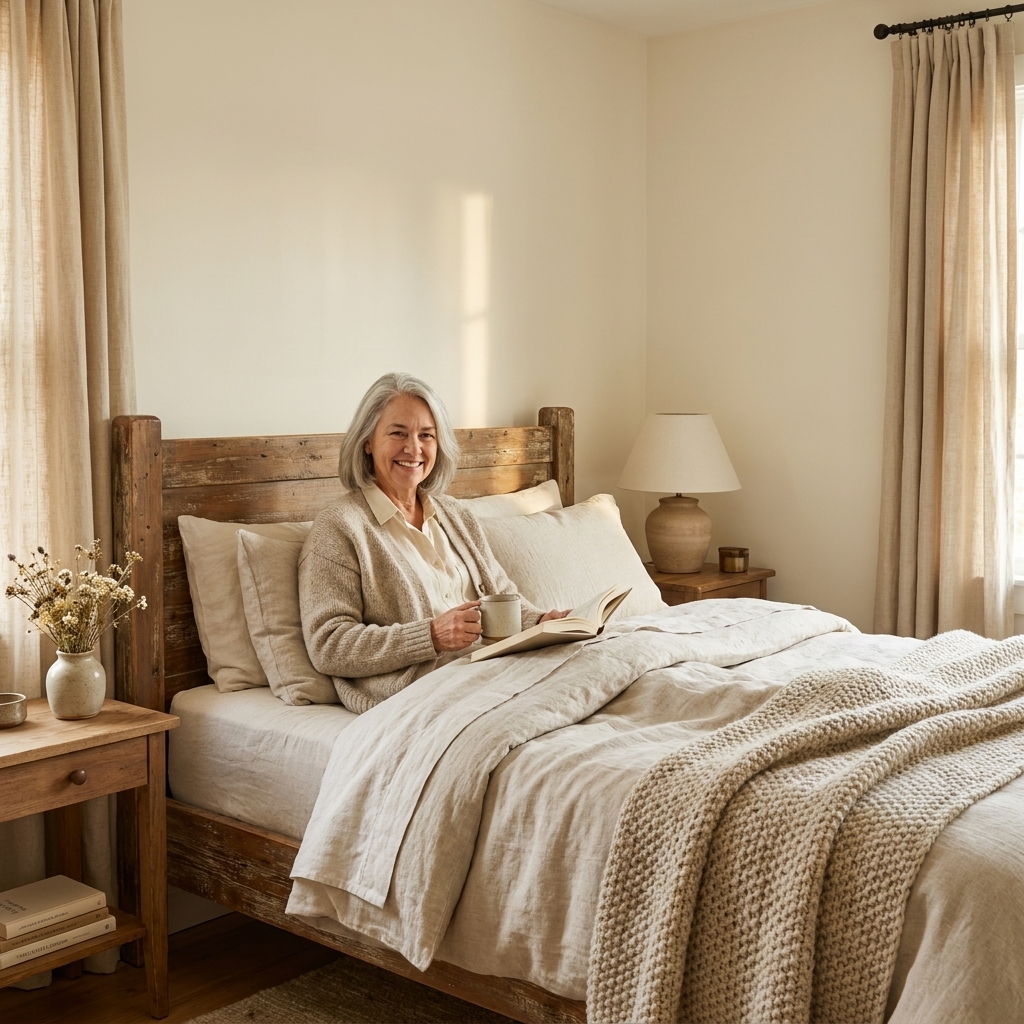 A small bedroom with creamy off-white walls, natural linen curtains, and a wood bed frame in warm morning light
