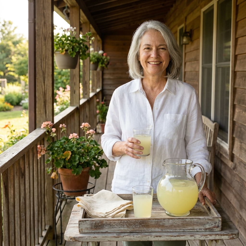 A small farmhouse porch drink station with a pitcher of lemonade, two glasses, and cloth napkins arranged on a rustic tray
