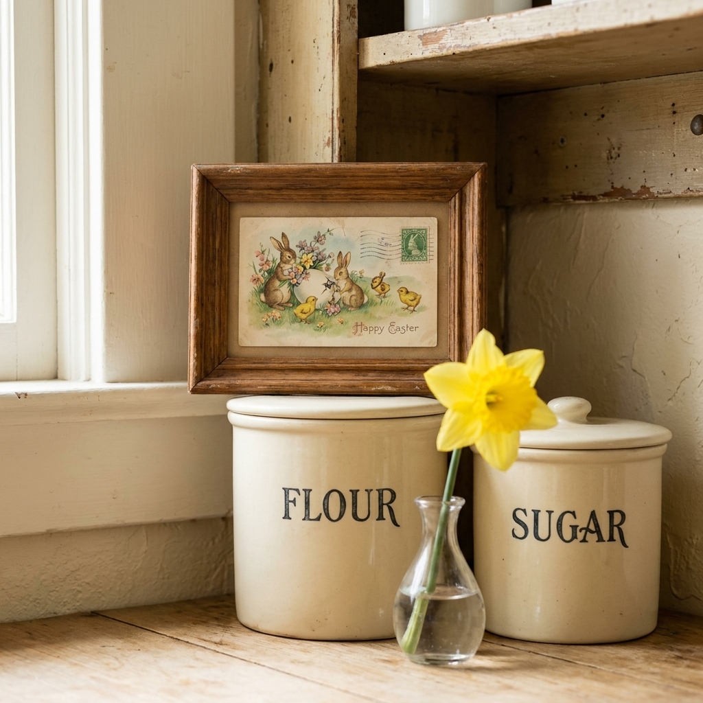 A small framed vintage Easter postcard with soft faded colors leaning on a cottage kitchen shelf behind white canisters and a small bud vase