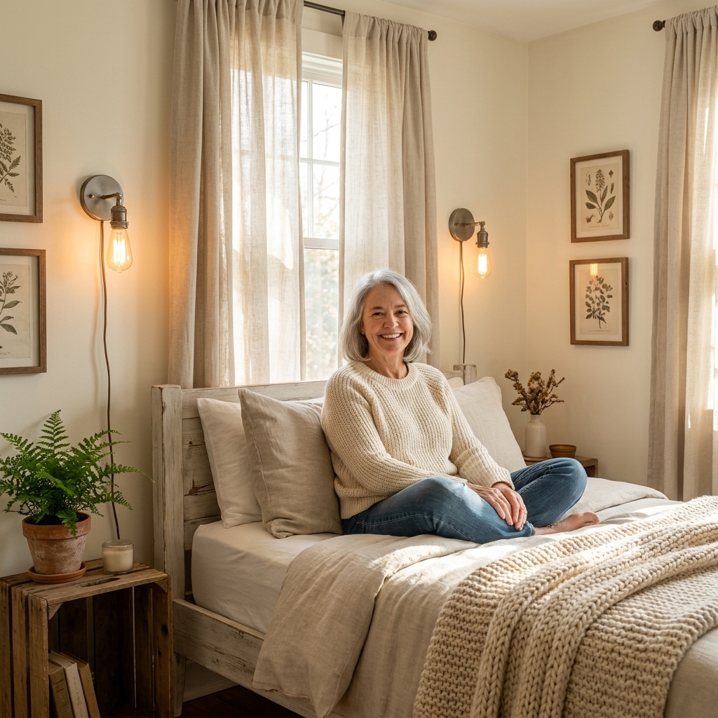 A small guest bedroom with a simple wood bed, plug-in wall sconces, and light linen curtains making the space feel airy