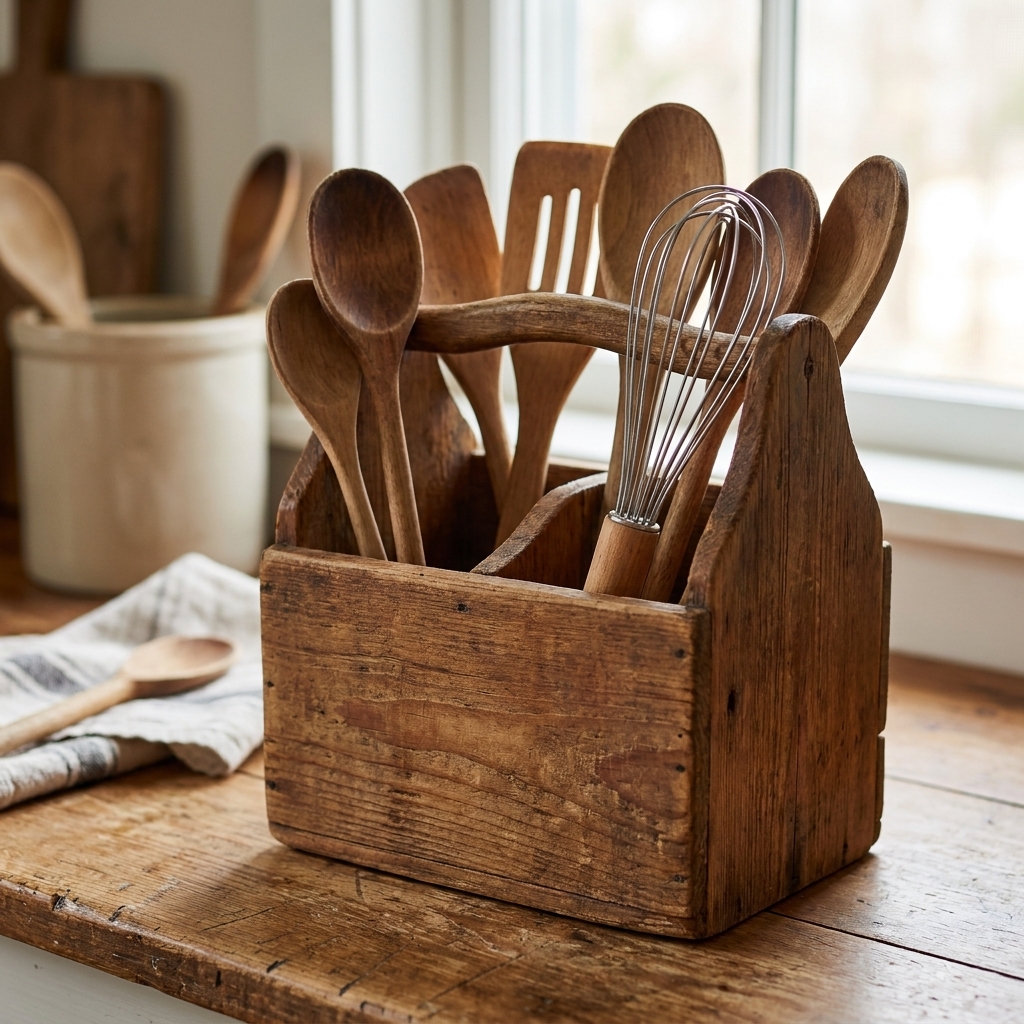 A small reclaimed wood utensil caddy on a kitchen counter filled with wooden spoons and a whisk