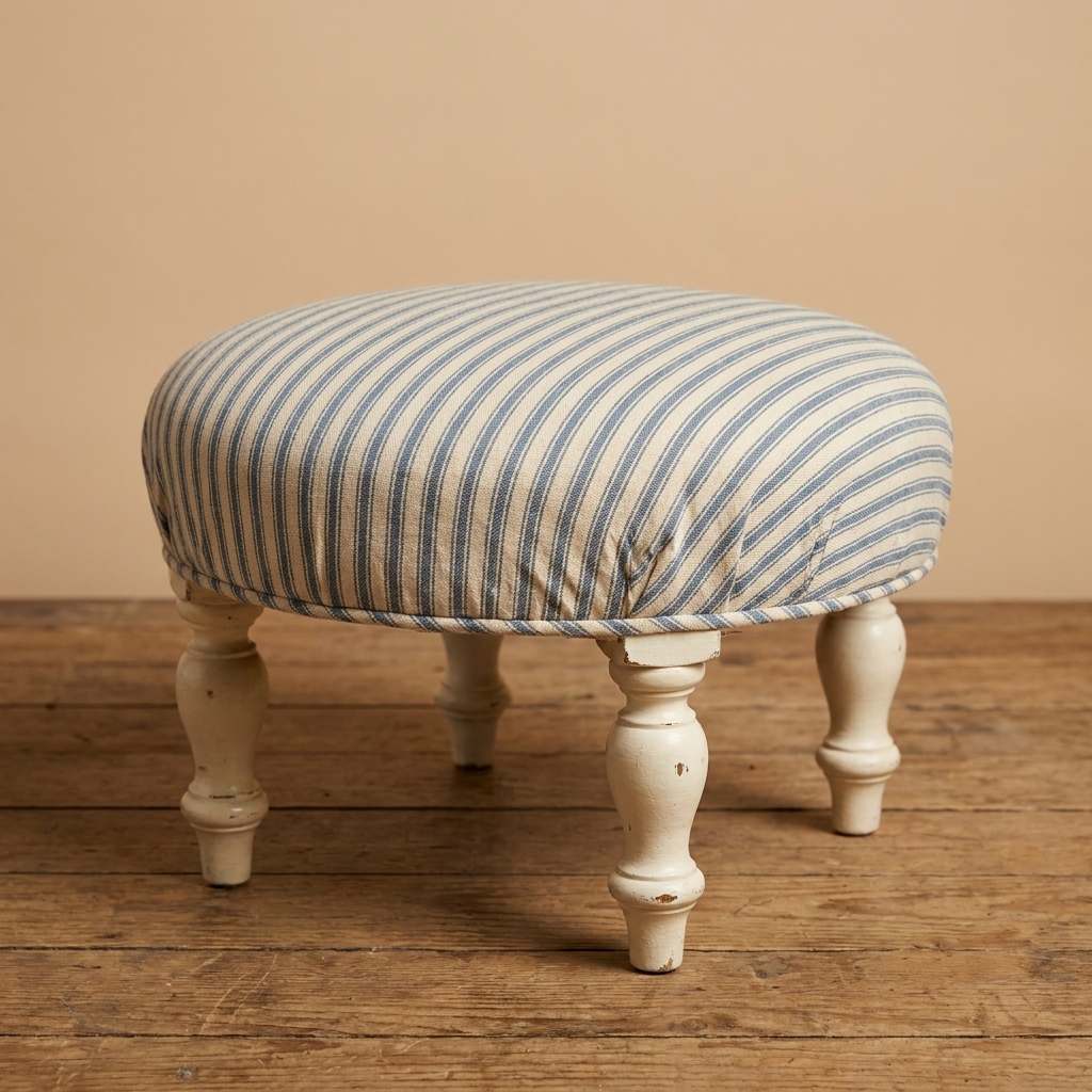A small thrifted footstool reupholstered in soft ticking stripe fabric with painted wooden legs in a warm white