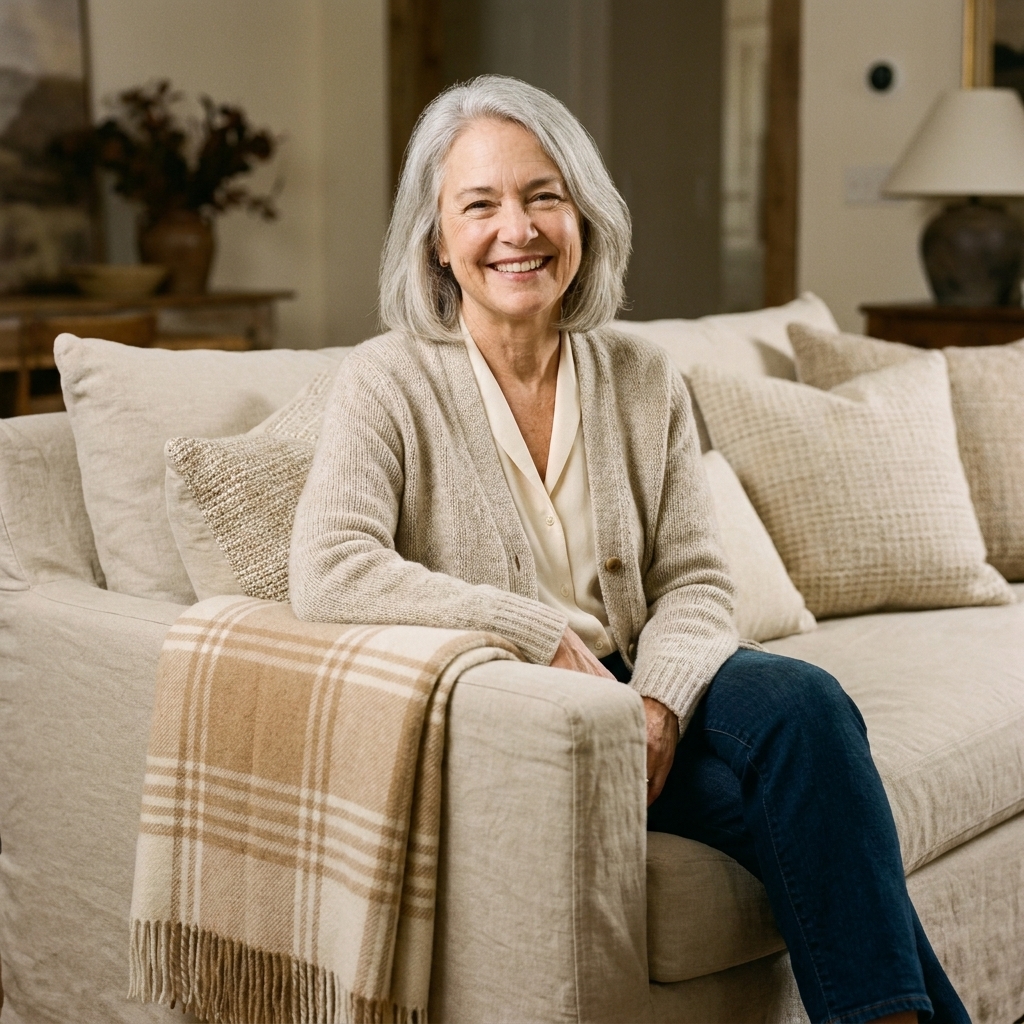 A sofa with a soft neutral slipcover, a tan and cream plaid throw blanket draped over the arm, and textured pillows in warm oatmeal tones