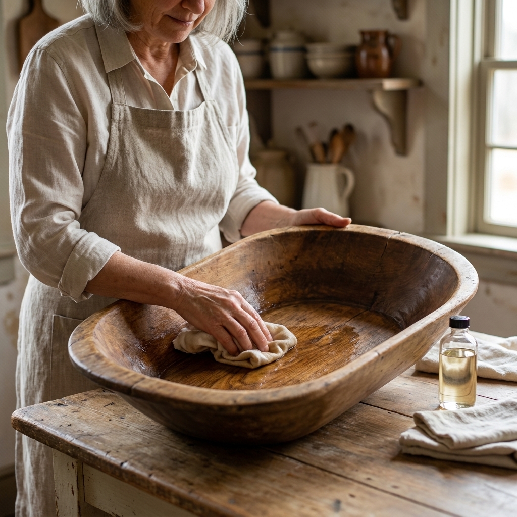 A soft cloth rubbing mineral oil into the inside of a vintage wooden dough bowl on a farmhouse table