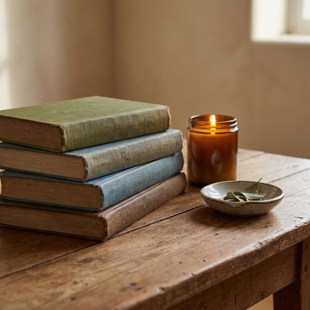 A stack of vintage hardcover books with muted cloth covers on a wooden coffee table beside a candle and a small ceramic dish