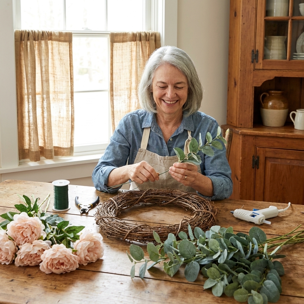 A tabletop scene with a grapevine wreath form, faux eucalyptus stems, blush peony stems, floral wire, wire cutters, and a hot glue gun laid out for a DIY project