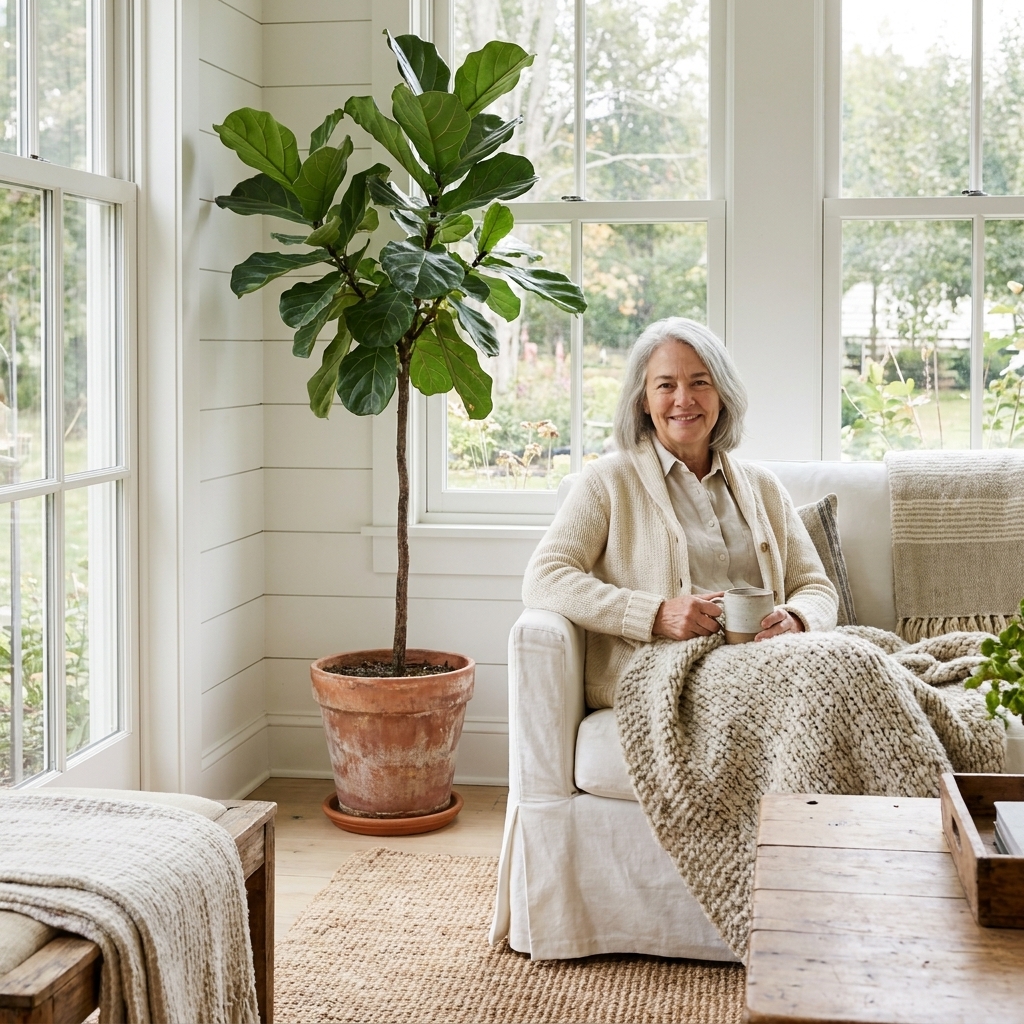 A tall fiddle leaf fig in a simple terracotta pot placed in the corner of a bright farmhouse sunroom beside a white slipcovered chair