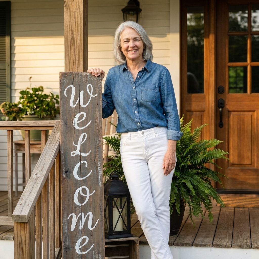 A tall rustic welcome sign leaning next to a black metal lantern and a leafy potted plant on a farmhouse front porch