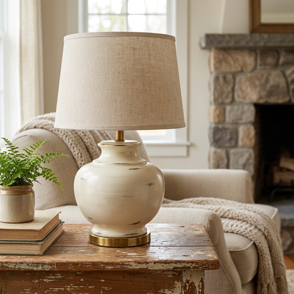 A thrifted brass table lamp painted a warm creamy white with a simple linen shade on a rustic side table