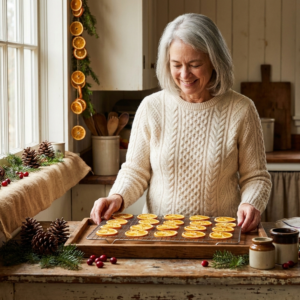 A tray of dried orange slices cooling on a wire rack on a kitchen counter