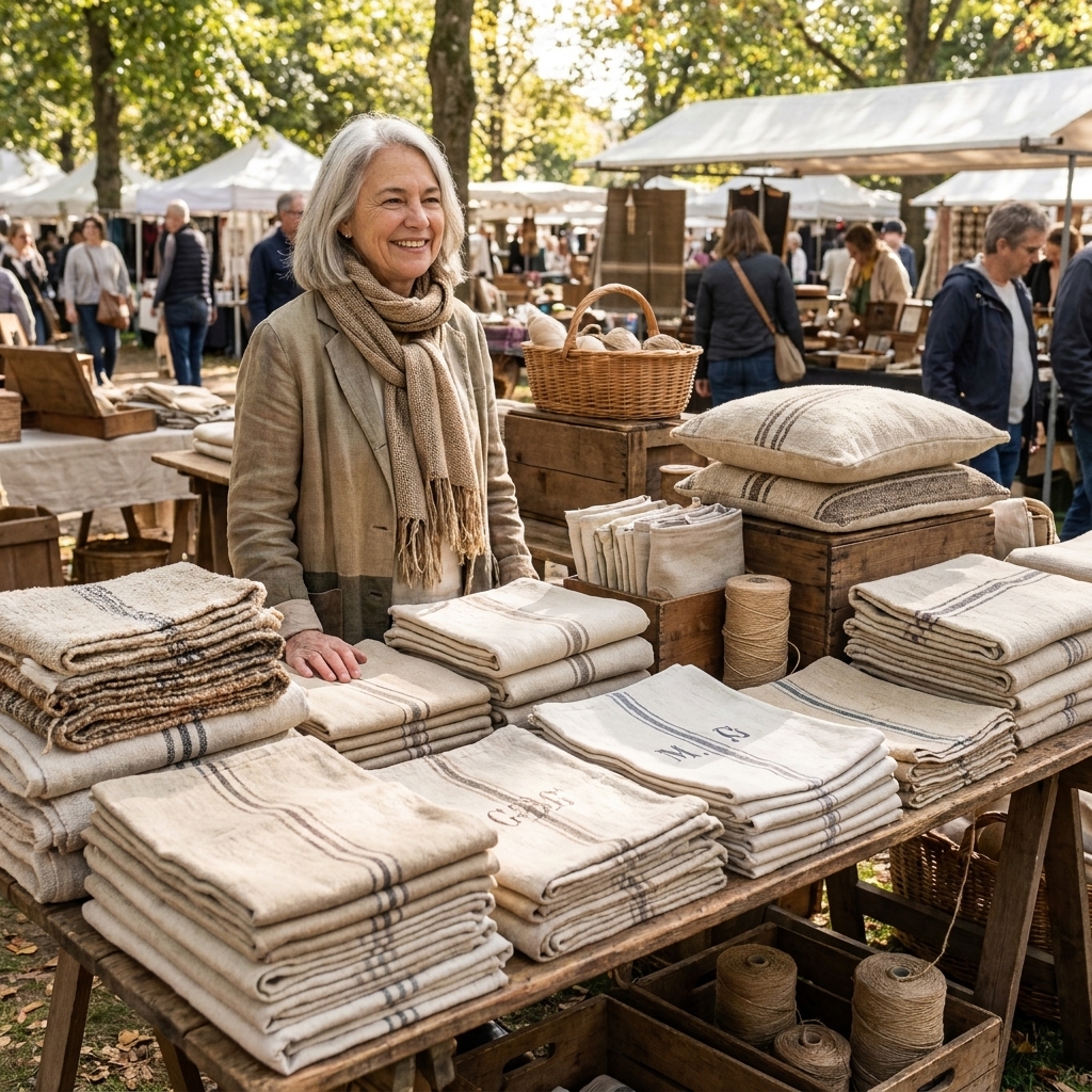 A vendor table at an outdoor antique market stacked with folded vintage linen grainsacks and rustic textiles in neutral tones