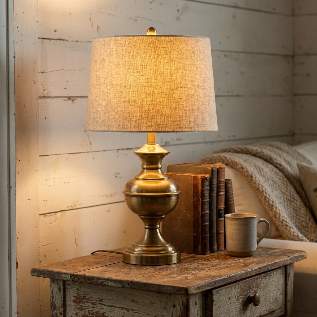A vintage brass table lamp with a simple linen shade glowing warmly on a rustic wood side table
