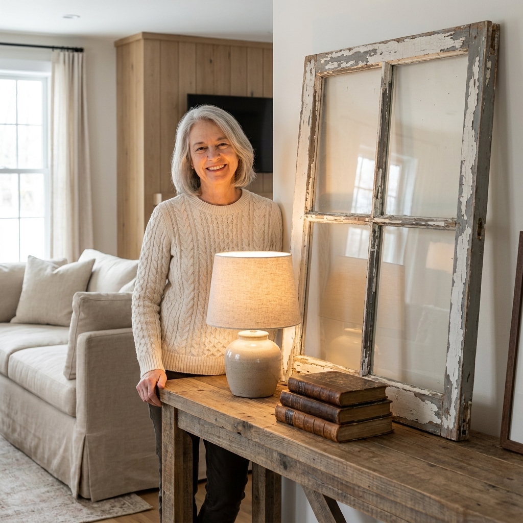 A vintage chippy painted window frame leaning on a wood console table in a modern farmhouse living room, with a small lamp and stacked books in front