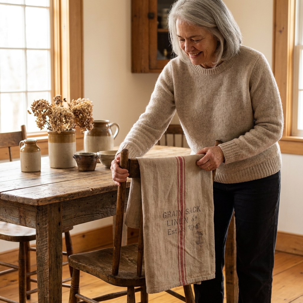 A vintage grain sack linen draped over the back of a wooden chair beside a farmhouse table