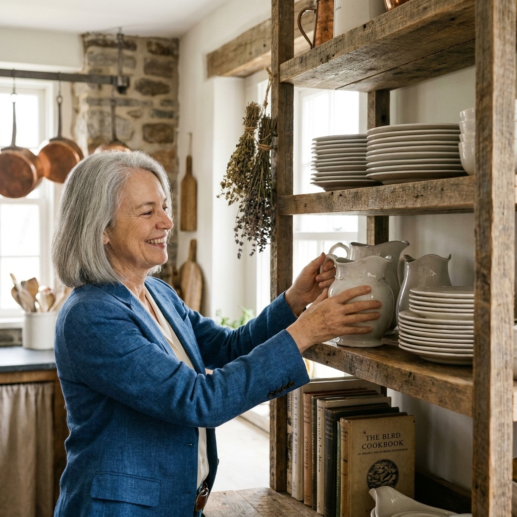 A vintage ironstone pitcher and stacked white plates styled on open wooden shelves in a farmhouse kitchen