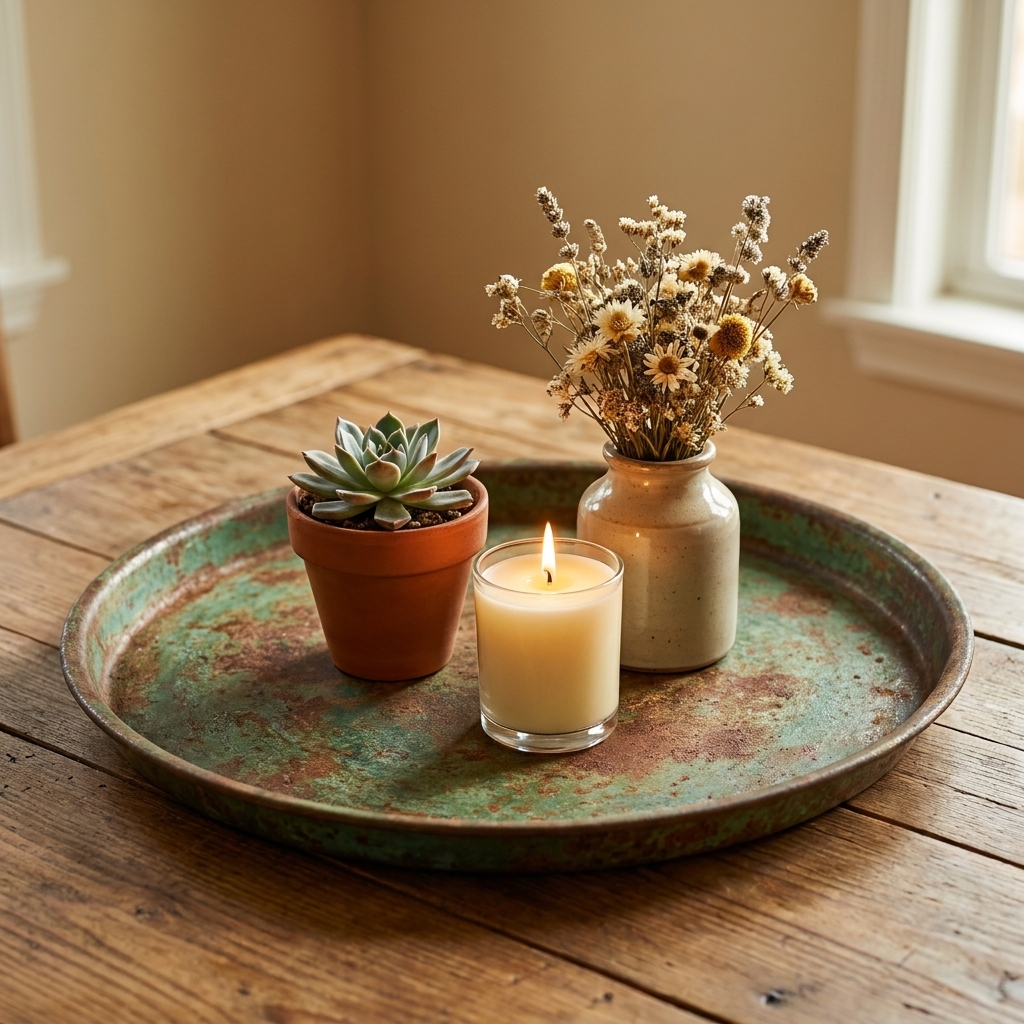 A vintage patina metal tray centered on a farmhouse dining table holding a small potted plant, a candle, and a short vase