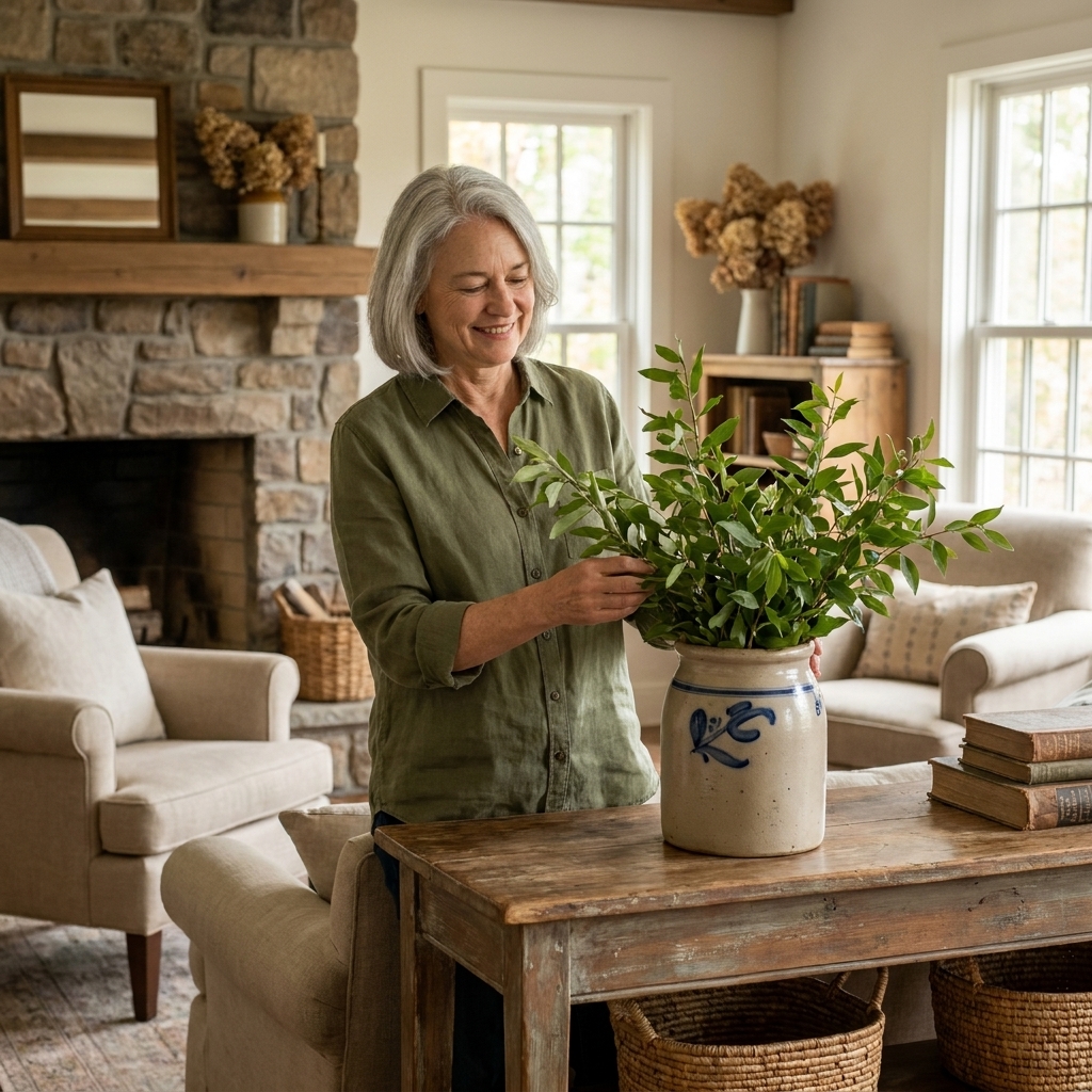 A vintage stoneware crock on a rustic console table holding a bundle of simple leafy branches in a cottage living room