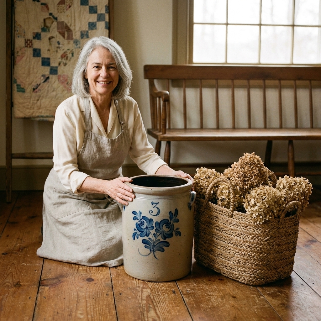 A vintage stoneware crock with cobalt blue floral decoration and a hand-painted capacity number, photographed on an old pine floor next to a woven basket