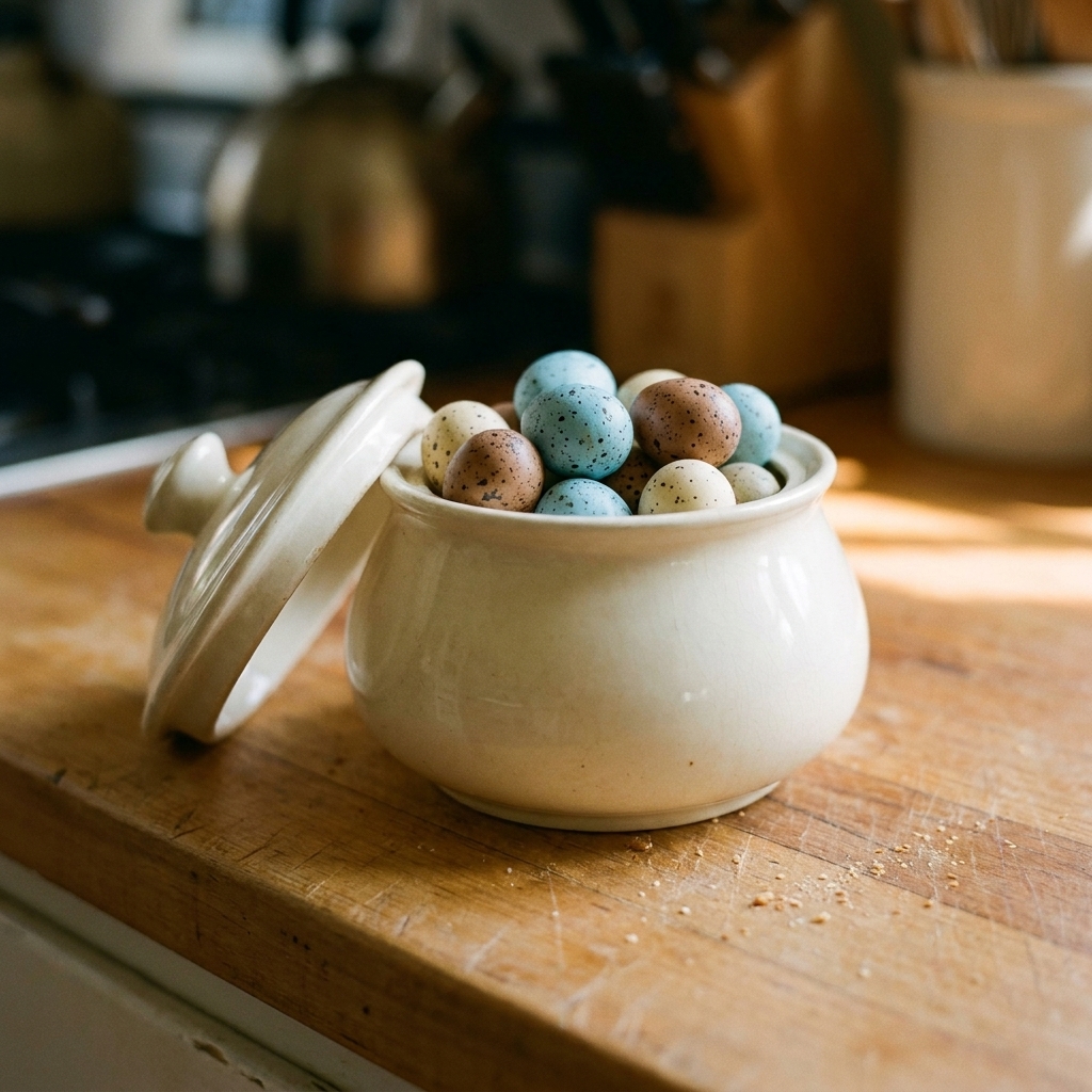 A vintage white sugar bowl with the lid tipped open, filled with speckled faux robin’s eggs on a warm wooden kitchen counter