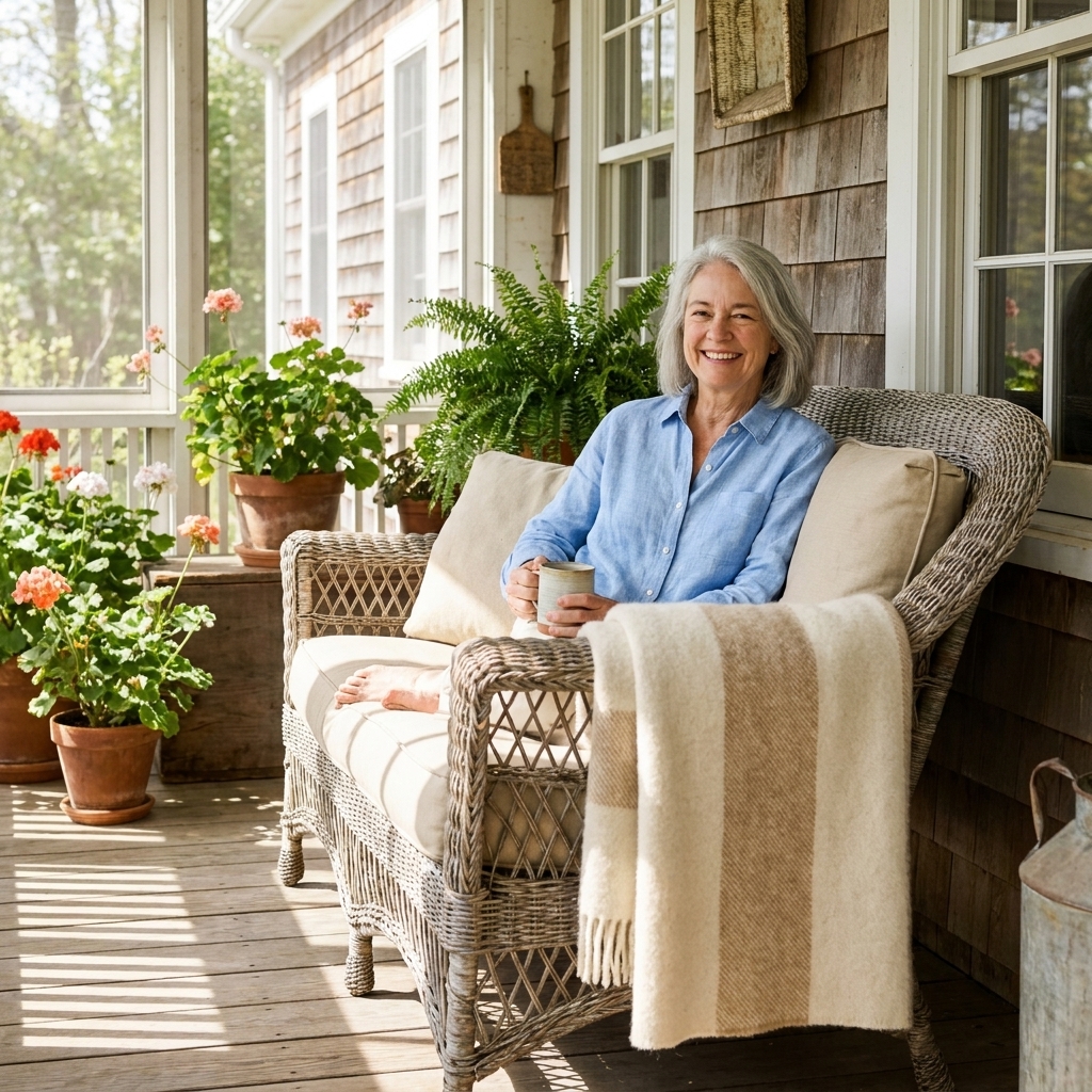 A vintage wicker loveseat in a sunny enclosed porch, styled with neutral cushions and a soft striped throw, with sunlight casting shadows across the floor