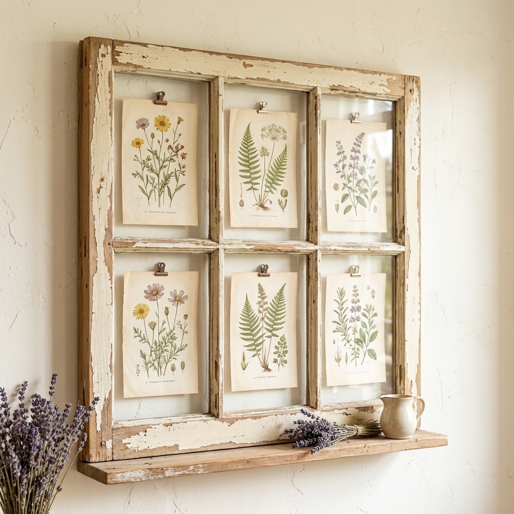 A vintage window frame on a wall with delicate botanical prints placed behind the panes for a light, airy rustic look