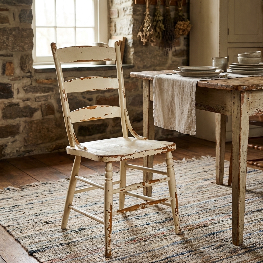 A vintage wooden chair with creamy white true milk paint naturally flaking at the edges and rungs, revealing warm stained wood beneath in a rustic dining room