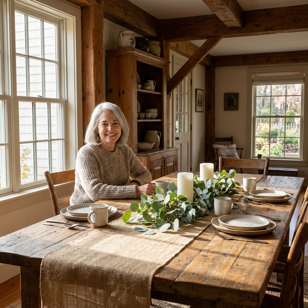 A warm farmhouse dining room with a reclaimed wood table styled with a runner, simple centerpiece, and natural light streaming through nearby windows