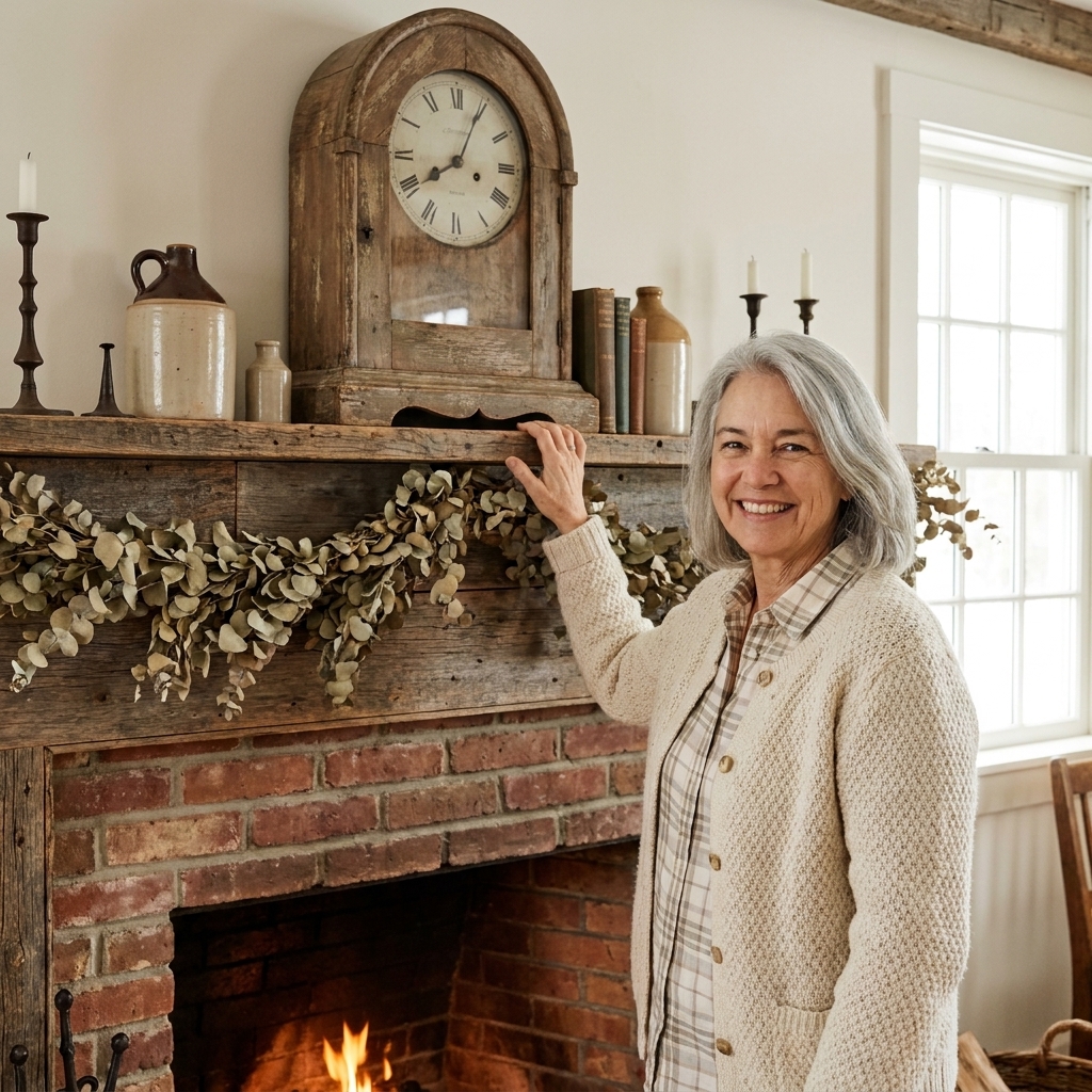 A weathered mantel clock styled on a reclaimed wood mantel above a brick fireplace with neutral accents