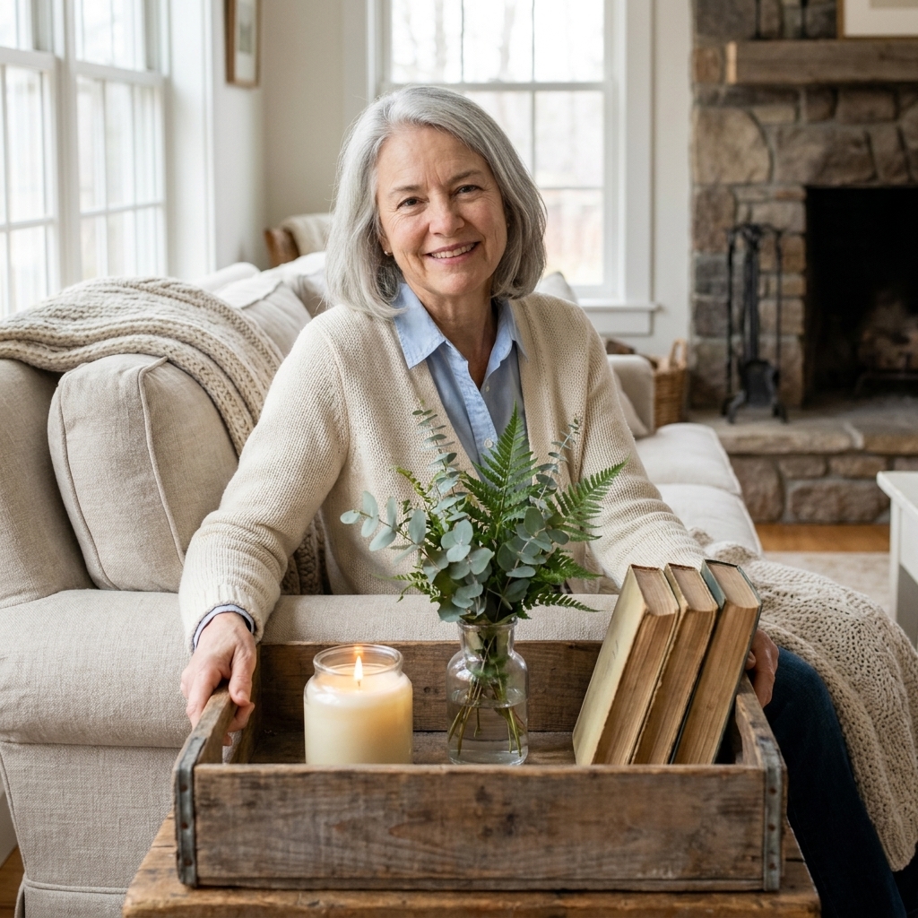 A weathered wooden crate used as a coffee table tray holding a candle, a small vase of greenery, and a stack of books