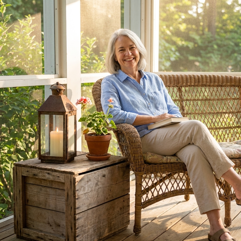 A weathered wooden crate used as a side table on a summer porch, holding a lantern and a small potted plant