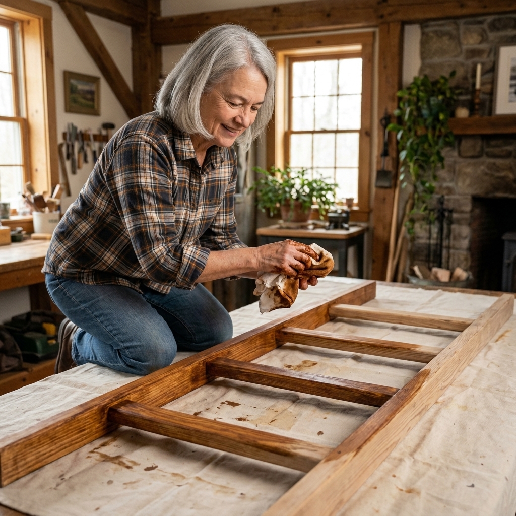 A wooden blanket ladder laid flat on a drop cloth while stain is being wiped on with a rag, showing warm brown tones soaking into the wood grain