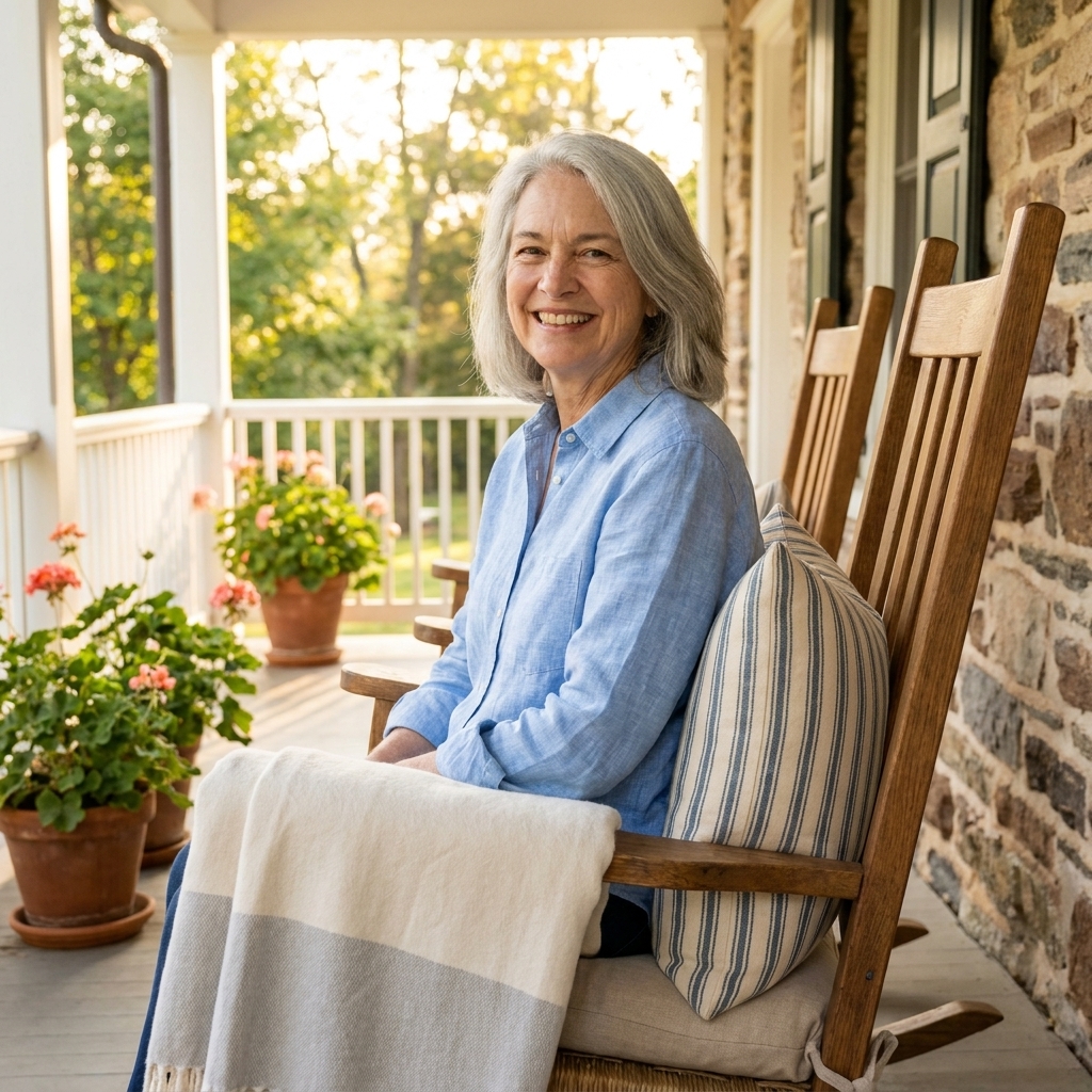 A wooden rocking chair on a farmhouse porch with a ticking stripe pillow, a soft neutral cushion, and a light cotton throw folded over the arm