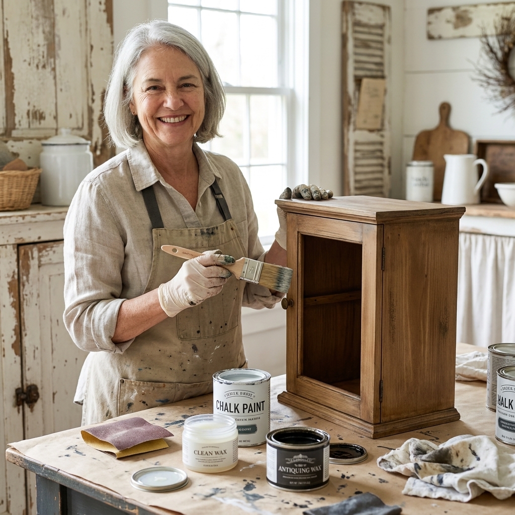 A worktable set up with chalk paint, clear wax, dark antiquing wax, sandpaper, a paintbrush, and folded cotton rags ready for a furniture makeover