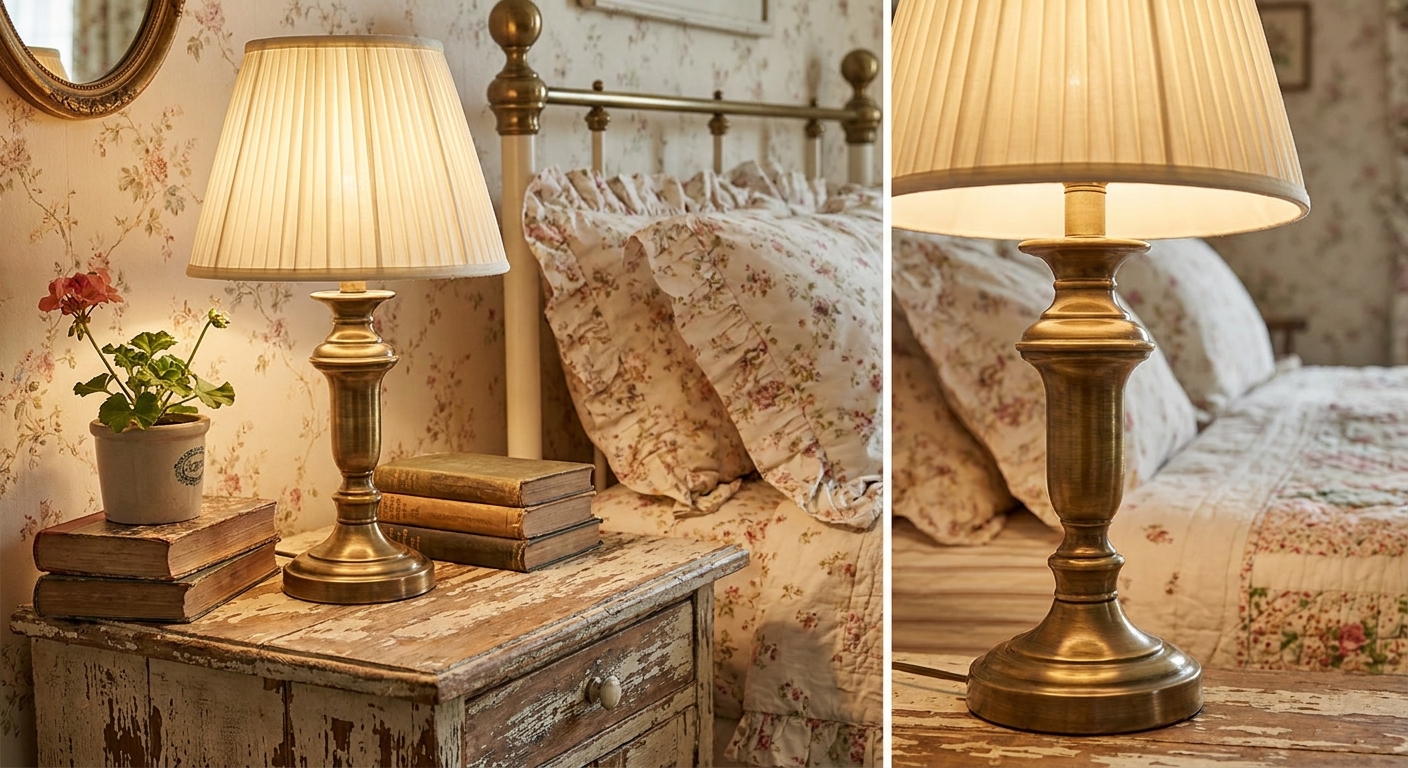 An antique brass bedside lamp with a cream pleated fabric shade sitting on a rustic wooden nightstand