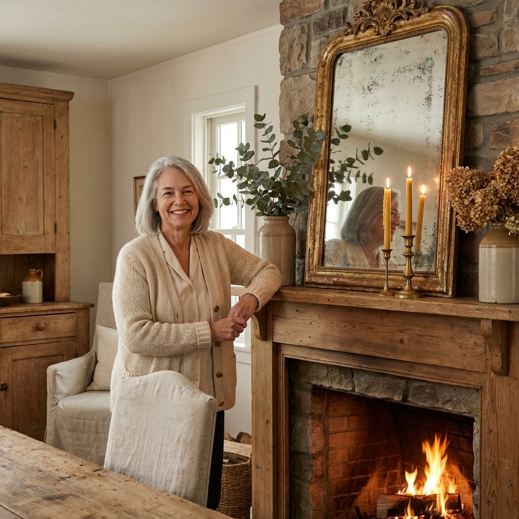 An antique gold-framed mirror leaning on a mantel with candles and simple greenery in a cottage-style living room