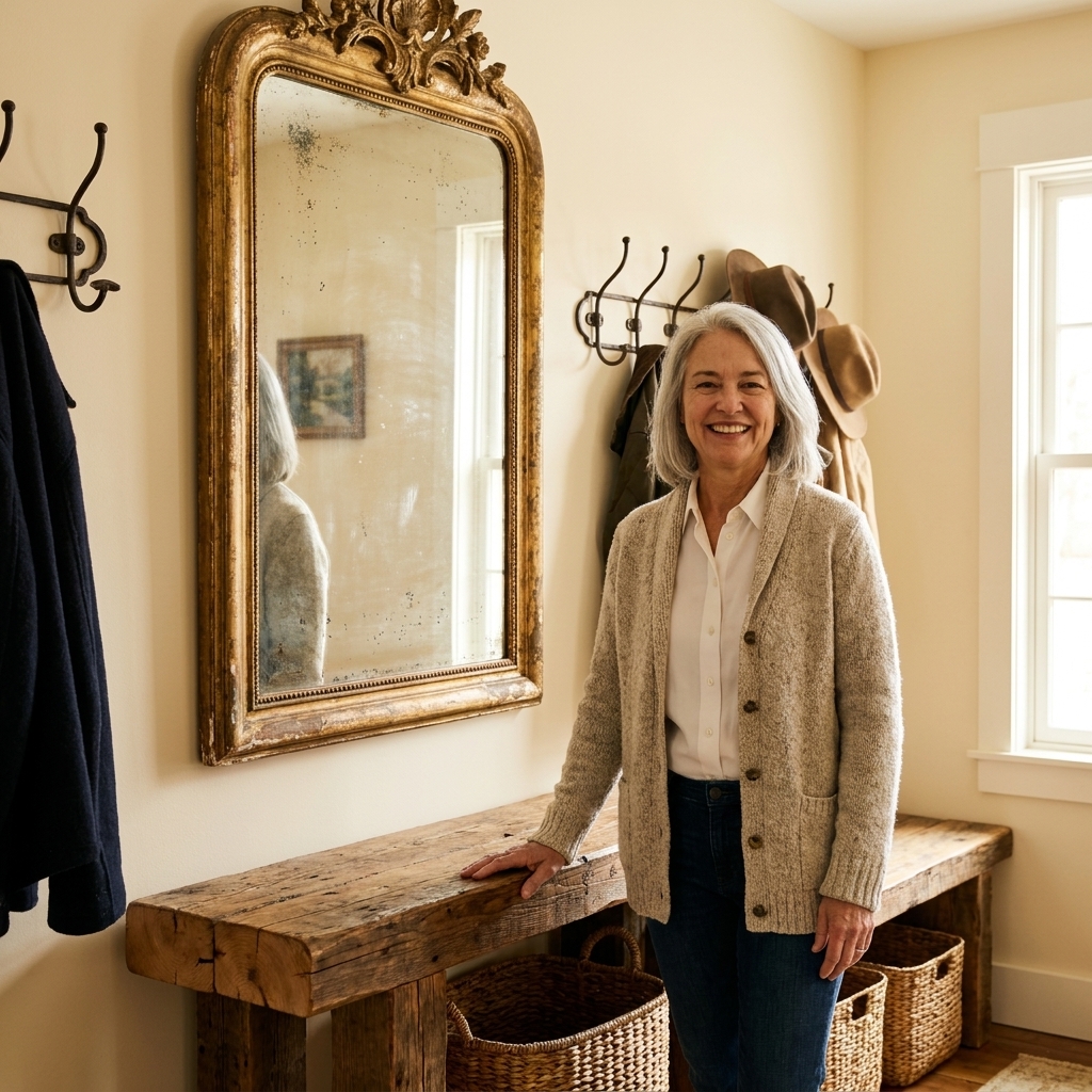 An antique gold-toned mirror with a slightly aged patina hanging above a rustic wood entry bench in a cozy farmhouse foyer