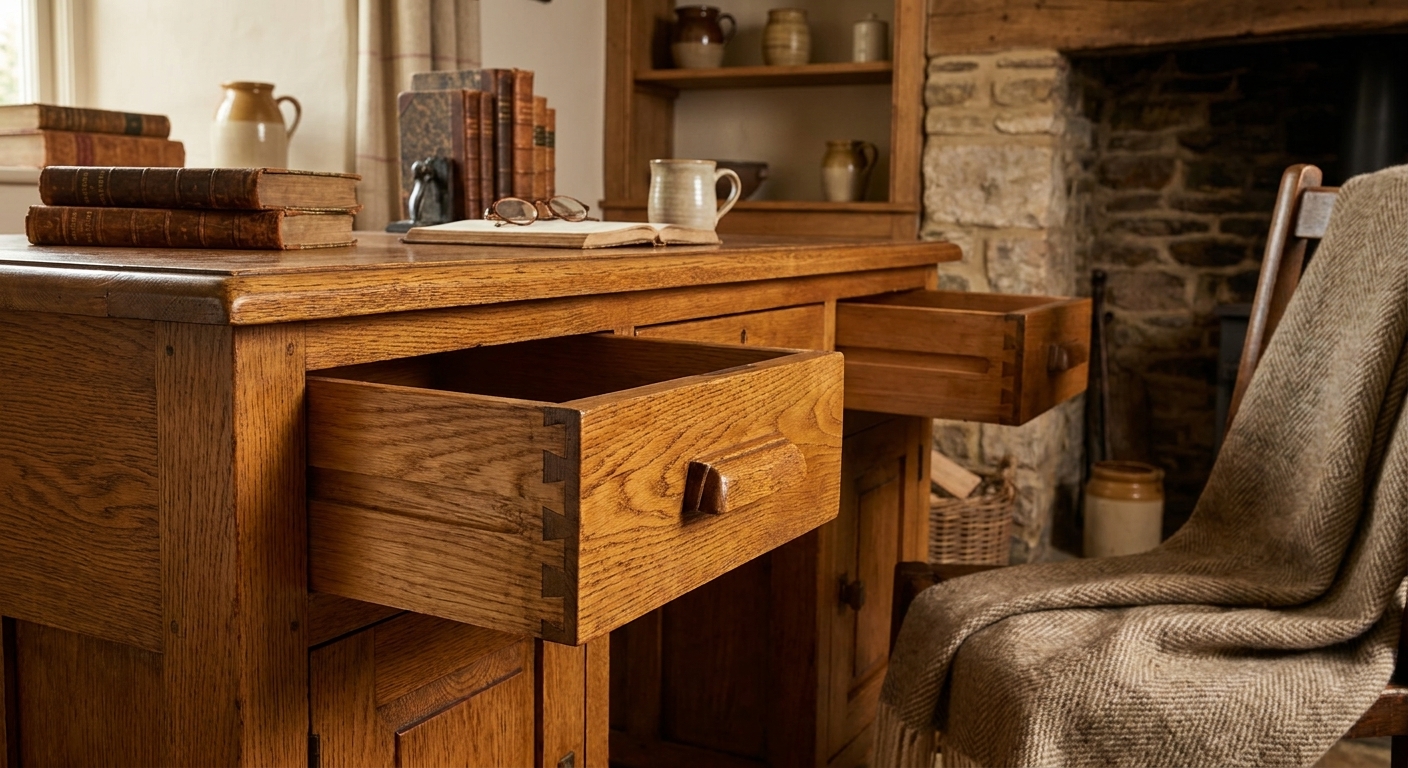An antique oak desk with the drawers pulled open, showing dovetail joinery and aged wood grain in a warmly lit room