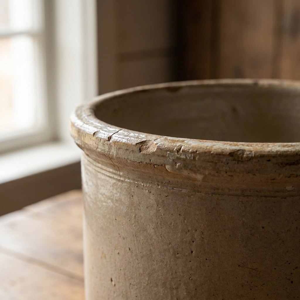 An antique stoneware crock rim showing small chips and worn glaze along the lip, with soft natural light highlighting the texture