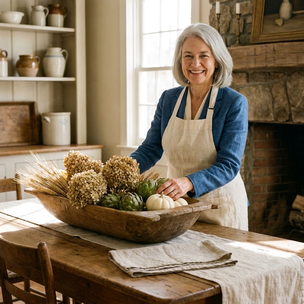 An antique wooden dough bowl styled as a centerpiece on a rustic dining table with a folded linen runner and natural light